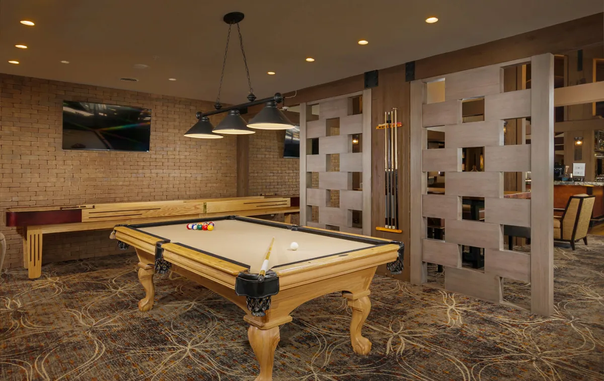 An indoor space featuring a pool table as the focal point, accompanied by stylish lighting fixtures and decorative partitions. The vibe is casual and social, inviting guests to engage in friendly games and relaxed conversations. A TV in the background supports the 'watching sports' activity mentioned in the section.